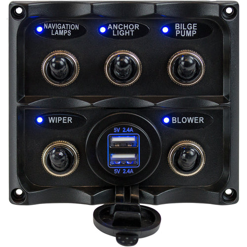 SeaDog Water Resistant Toggle Switch Panel wUSB Power Socket  5 Toggle 4246171